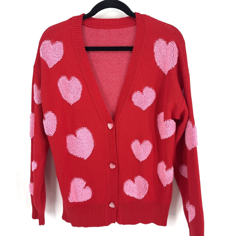 33 Degrees Sweater Womens Small Red Pink Heart Cardigan Button Valentine Flaw